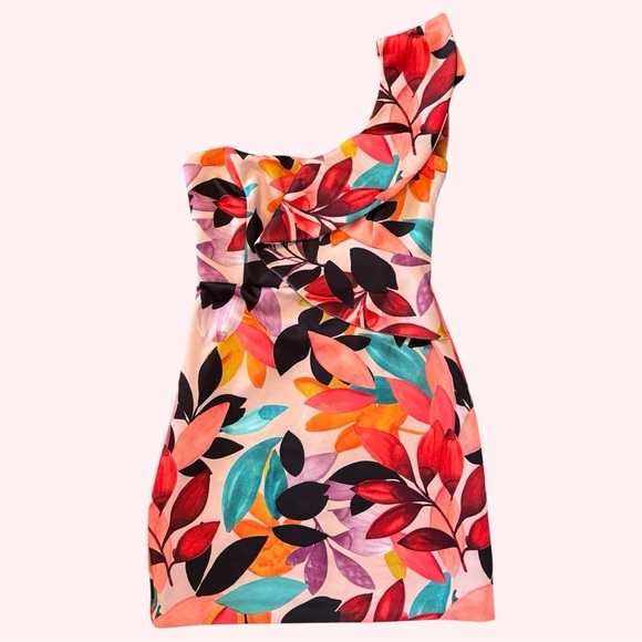 Alexia Admor Victoria One Shoulder Ruffle Pink Tropical Party Mini Dress- Size 8 - Picture 1 of 10